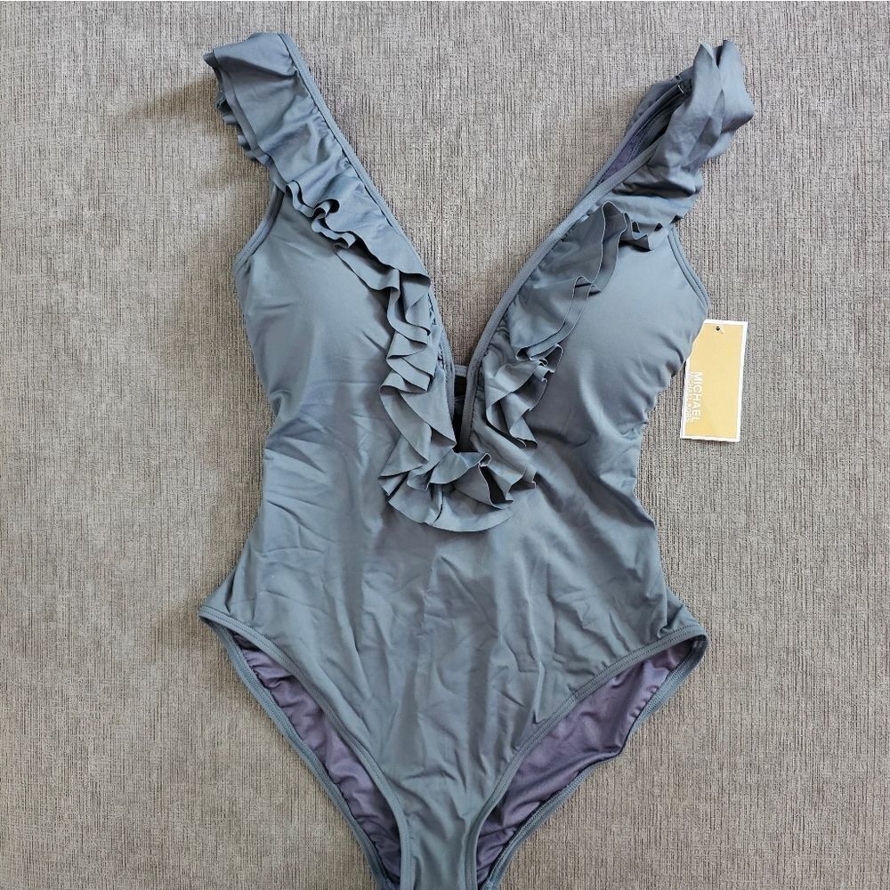 Michael Kors Ruffled gunmetal gray Scoop-Back One-Piece Women's Swimsui size 6